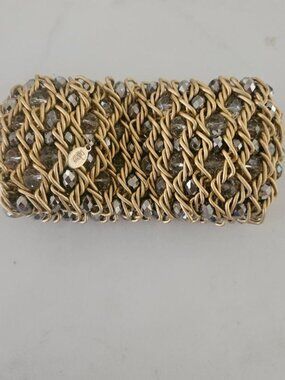Vintage Joan Rivers Chunky Gold Tone Crystal Woven Stretch Cuff Bracelet